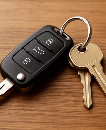 A close-up image of a car key fob alongside several keys on a wooden surface.