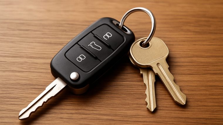 A close-up image of a car key fob alongside several keys on a wooden surface.