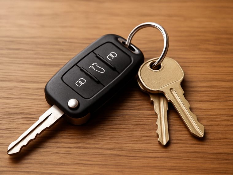 A close-up image of a car key fob alongside several keys on a wooden surface.
