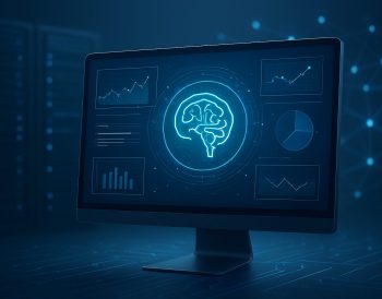 A computer monitor displaying a glowing brain symbol surrounded by data visualizations and graphs in a dark background