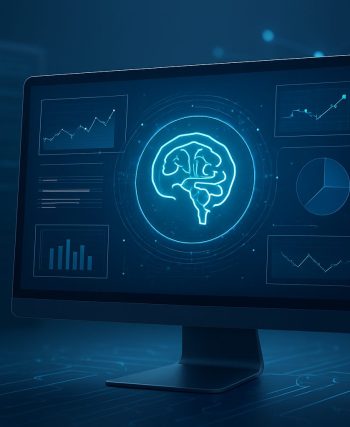 A computer monitor displaying a glowing brain symbol surrounded by data visualizations and graphs in a dark background