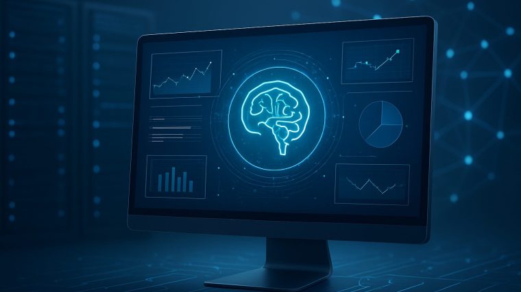 A computer monitor displaying a glowing brain symbol surrounded by data visualizations and graphs in a dark background