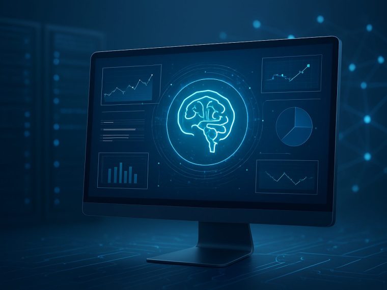 A computer monitor displaying a glowing brain symbol surrounded by data visualizations and graphs in a dark background